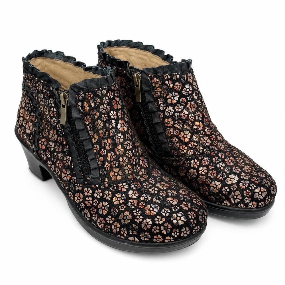 Alegria Hannah Ankle Boot Autumn 38 Black Floral Leather Zip Ruffle Metallic